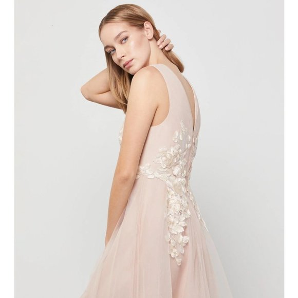 BCBG Max Azria Floral Sheer Embroidered Appliquéd Asymmetrical Gown Nude Pink - Picture 4 of 8